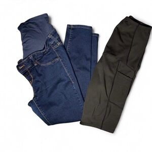 Blue maternity Jeans and Black maternity bike shorts with pockets Set